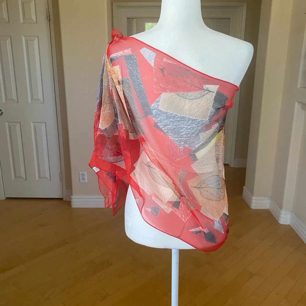 Vibrant Red Leaf Patterned Scarf Sarong Wrap